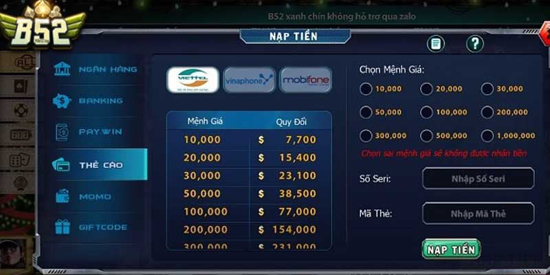 Nạp tiền bằng thẻ cào