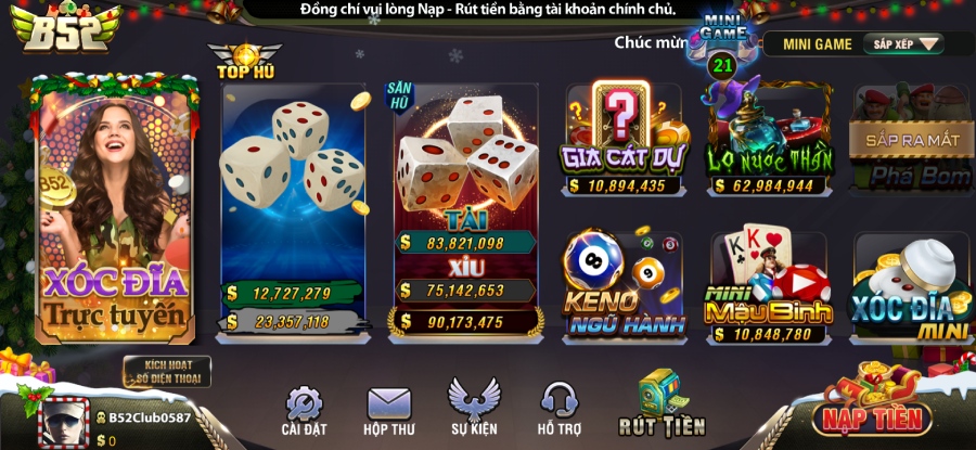 Sảnh Mini Game tại cổng game B52 Club